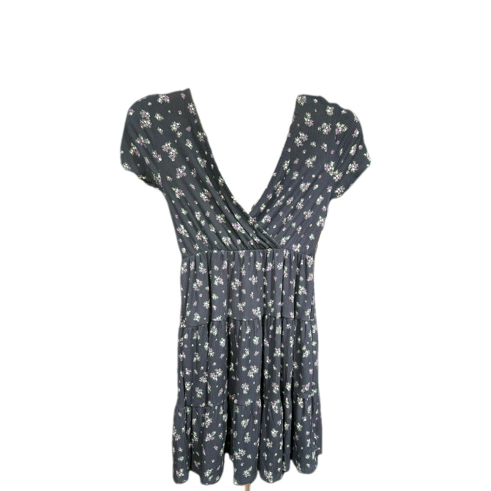 X Small Floral Ribbed Knit Tiered Mini Dress Short Sleeve V-Neck Tie Back Blue